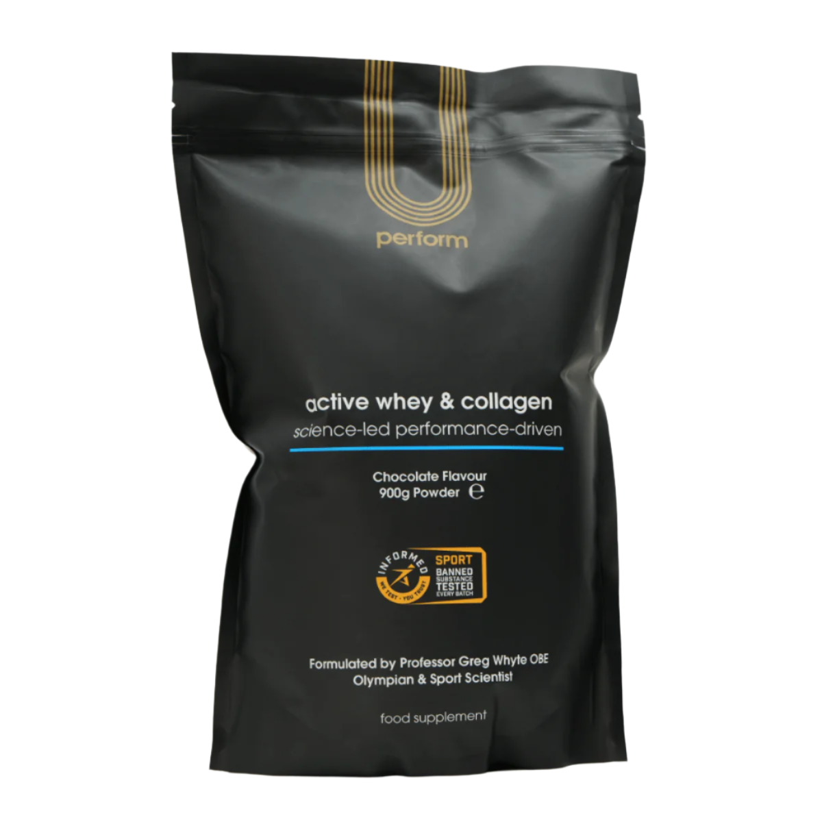 U Perform Active Whey & Collagen in chocolate flavour, packaged in a black pouch with gold branding. This high-protein supplement combines whey protein and collagen peptides to support muscle growth, recovery, joint health, and overall performance. Formulated for active individuals, it is Informed-Sport certified, ensuring it is tested for banned substances.