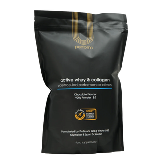 U Perform Active Whey & Collagen in chocolate flavour, packaged in a black pouch with gold branding. This high-protein supplement combines whey protein and collagen peptides to support muscle growth, recovery, joint health, and overall performance. Formulated for active individuals, it is Informed-Sport certified, ensuring it is tested for banned substances.