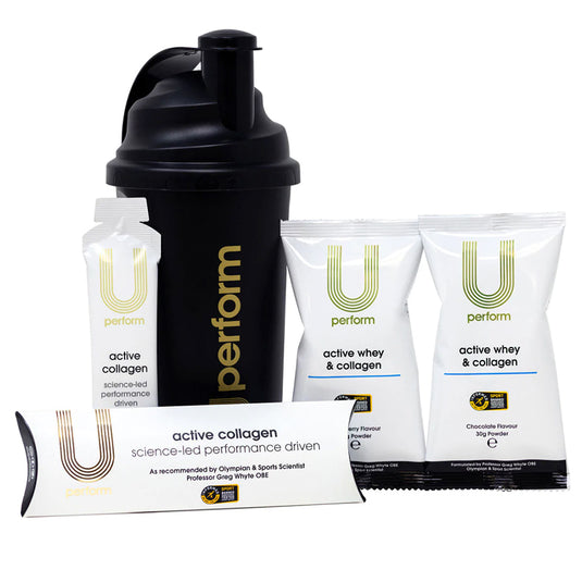 U Perform's taster pack with a drinks bottle, Active Collagen and Active Whey + Collagen products