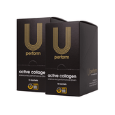 Close-up of two U Perform Active Collagen supplement boxes. This science-backed formula supports muscle recovery, joint flexibility, and skin health. The packaging is black with gold and white branding and emphasises its sport-safe certification.