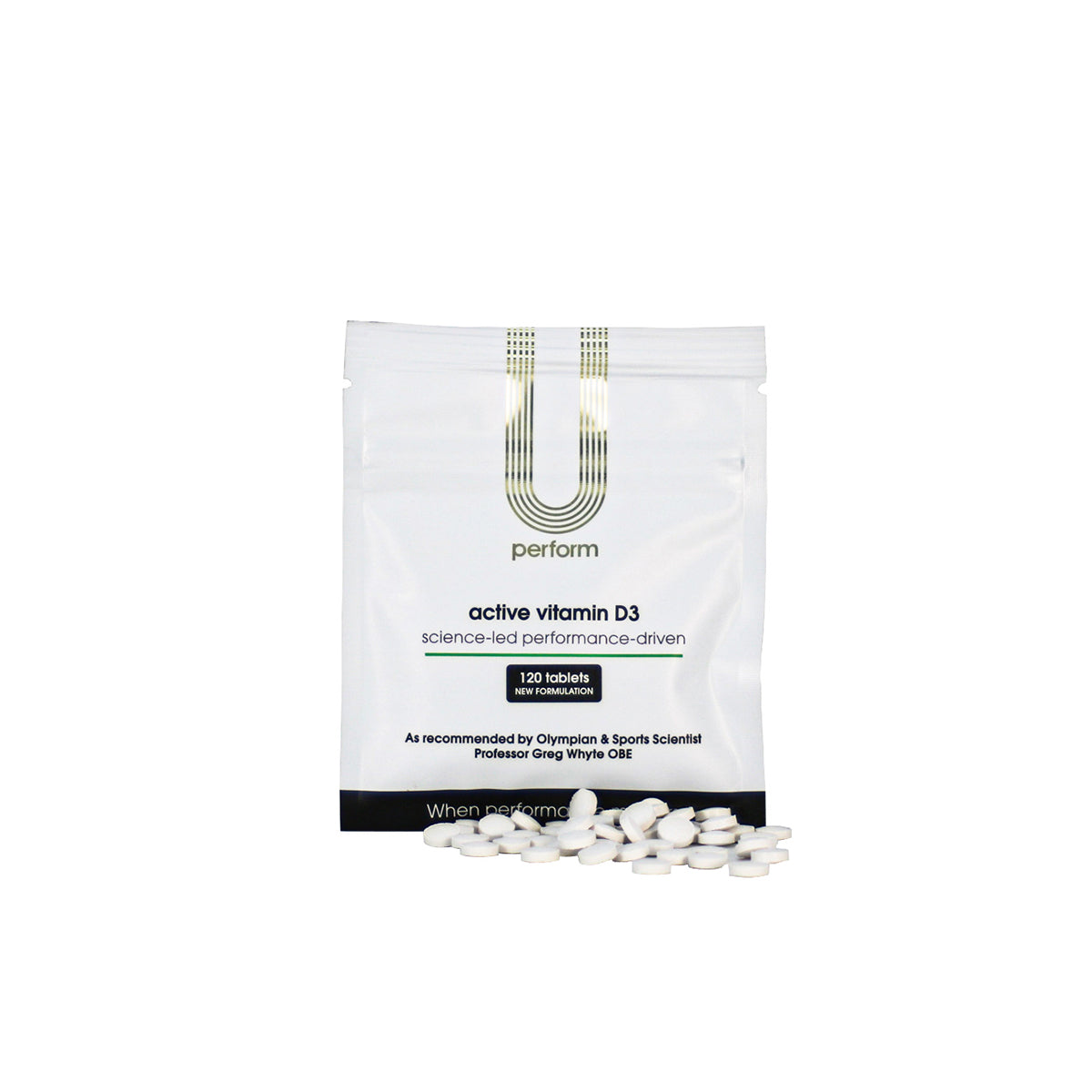 A white resealable pouch of "U Perform Active Vitamin D3" tablets, designed for performance-driven supplementation. The packaging features a minimalist design with a gold "U" logo, black and green text, and a tagline "When performance matters." The product is recommended by Olympian and sports scientist Professor Greg Whyte OBE. Below the pouch, icons indicate that the supplement is suitable for vegetarians and free from lactose, dairy, and gluten.